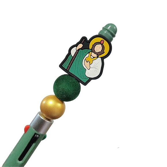 San Judas Tadeo Beaded Ballpoint Retractable 4 In 1 Pen Focal Bead Green - Picture 2 of 4